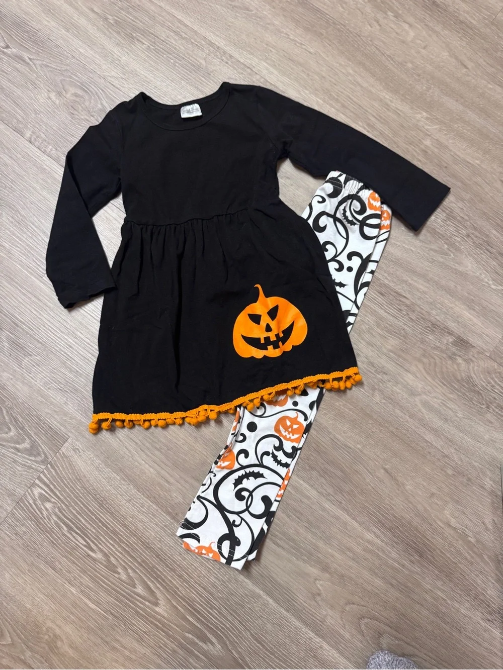 Halloween Pumpkin Dress & Leggings Set - Black & Orange Kids Costume